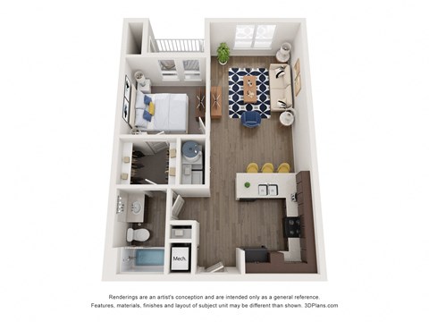Floor plan for 1 bed, 1 bath, 656 sqft